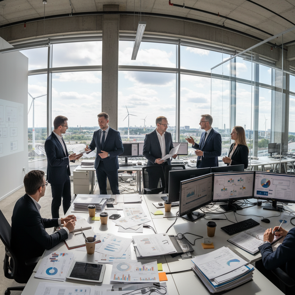 Business professional in suit reviewing documents in bright modern office, city view through window, professional corporate atmosphere