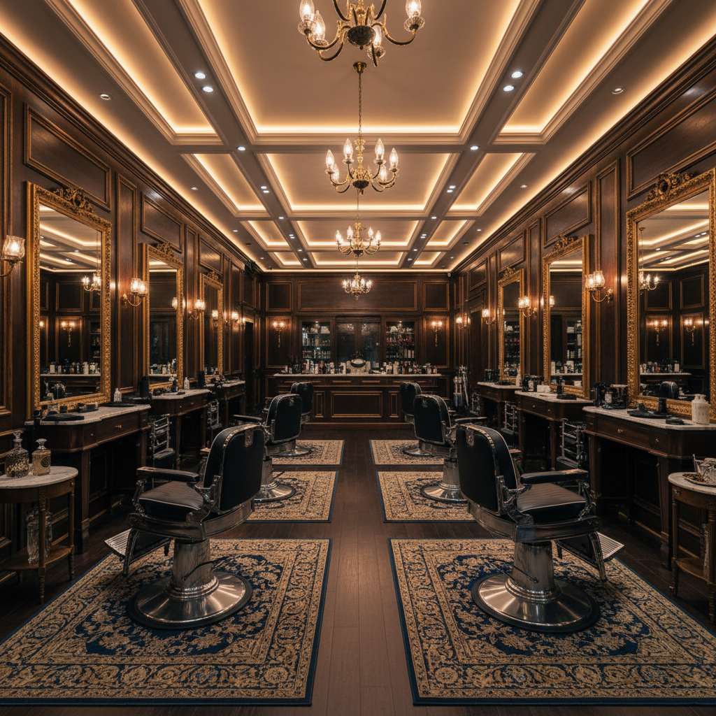 Luxury barbershop interior with dark leather chairs, dim warm lighting and deep shadow atmosphere