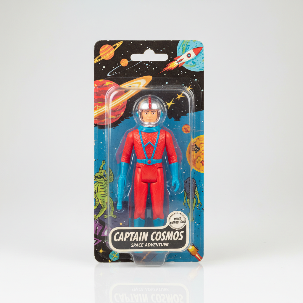 Vintage plastic action figure in original box with cardback, mint condition