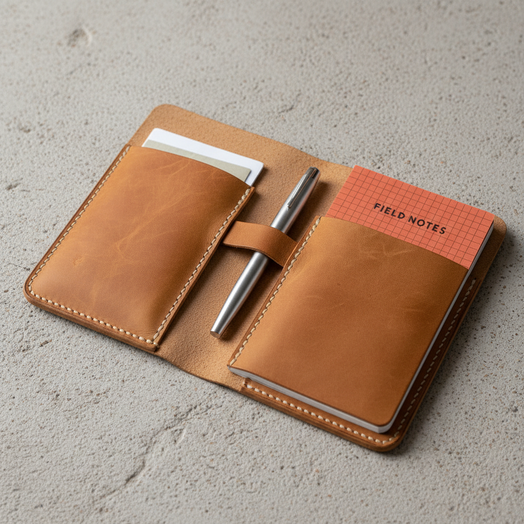 Tan full-grain leather notebook cover open showing Field Notes fit and pen loop on spine