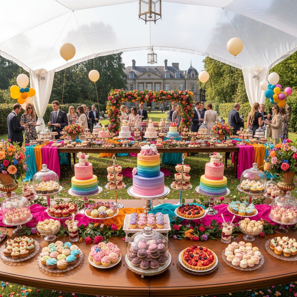 Colorful private party food table with finger foods and desserts in bright decorated home setting