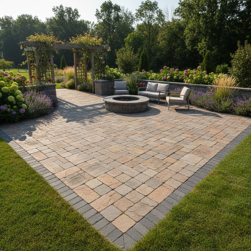 Close-up of professionally laid natural stone patio pavers with clean joints and even surface, residential backyard Louisville KY