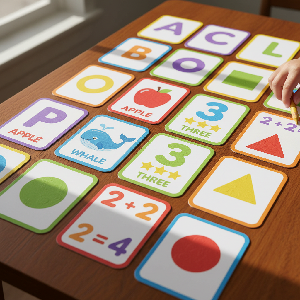 Stack of colorful educational flashcards with letters and pictures on a wooden desk