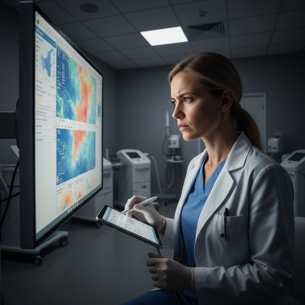 Medical professional reviewing health data in dim clinical environment with dark walls