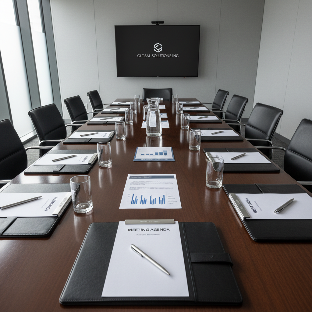 Corporate meeting preparation with agenda documents, notebooks, and presentation materials organized on a conference table