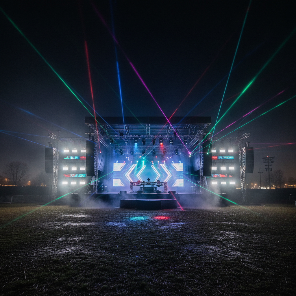 Outdoor festival stage at dusk with dramatic lighting and fog