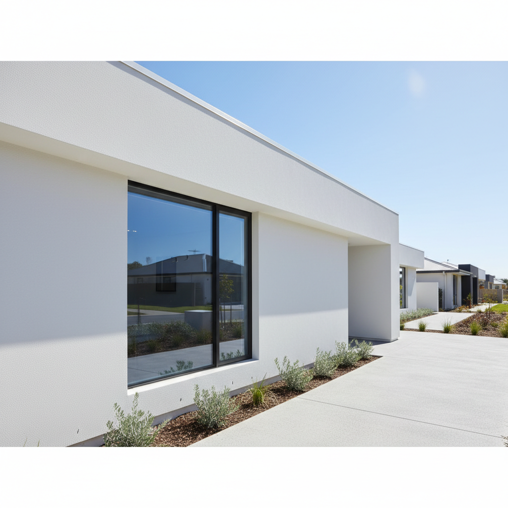 Modern home exterior with freshly painted walls in cool grey, bright daylight, clean architecture