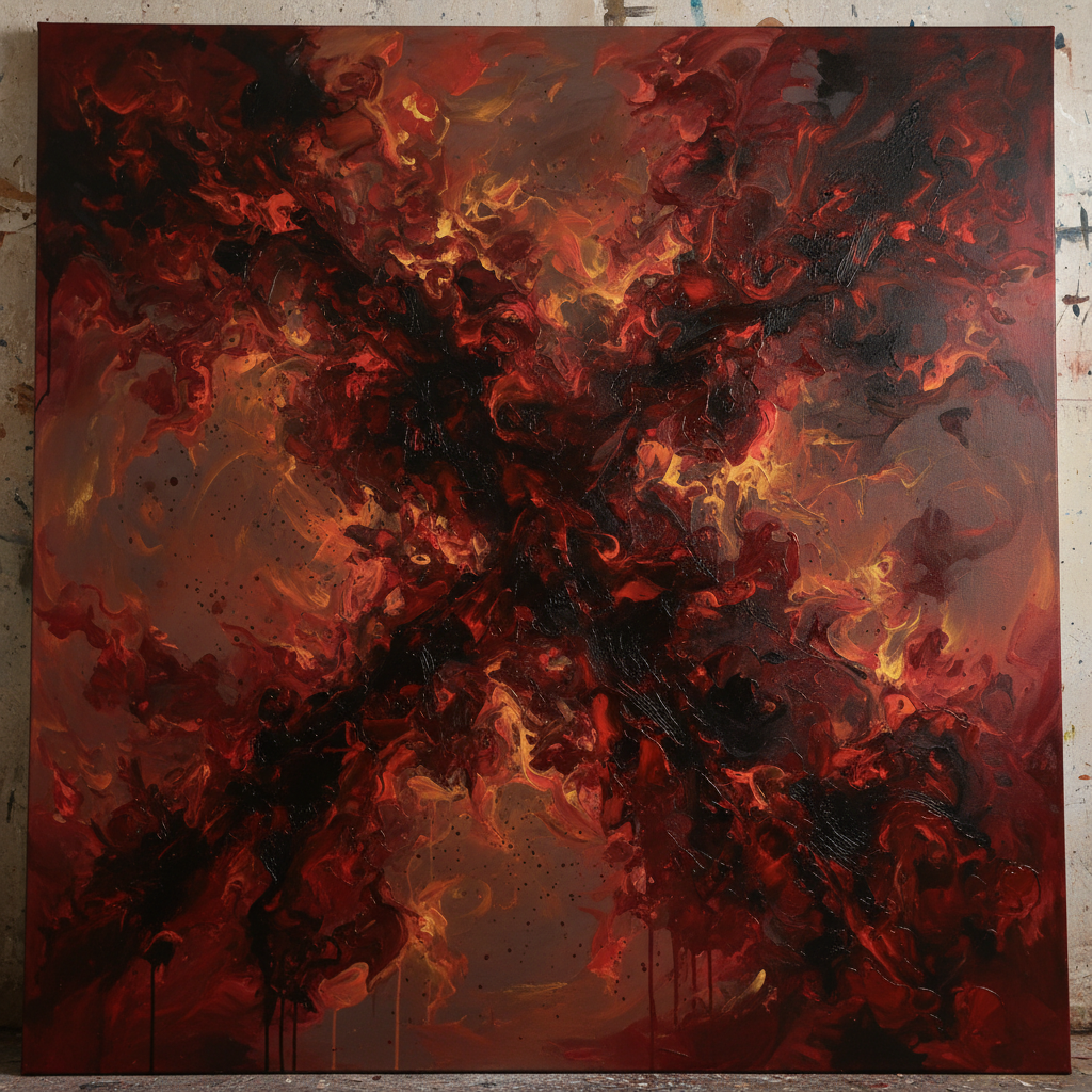 Tall abstract painting with deep crimson and charcoal textures on dark canvas