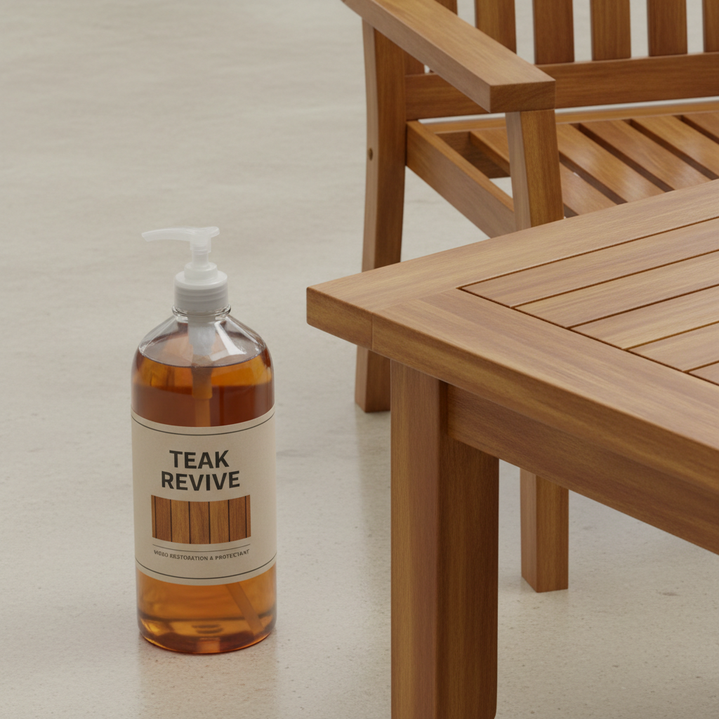 Bottle of wood restoration product next to a piece of restored teak furniture