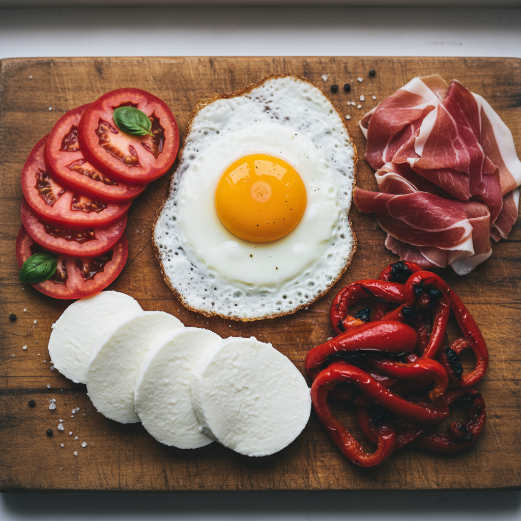 Overhead flat-lay of chivito toppings: sliced tomato, jamón crudo, mozzarella, roasted morrones, and a fried egg with a trembling yolk