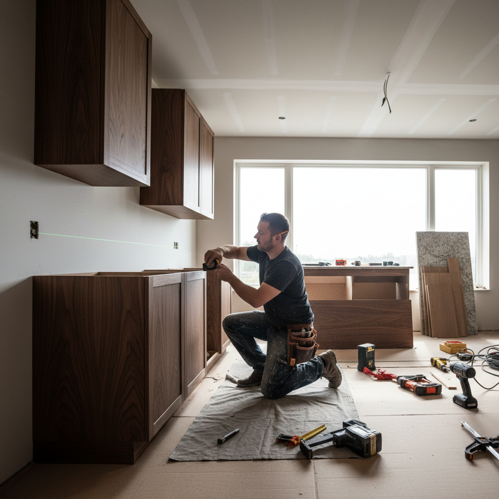Carpenter working with wood, measuring and cutting timber for built-in cupboard installation