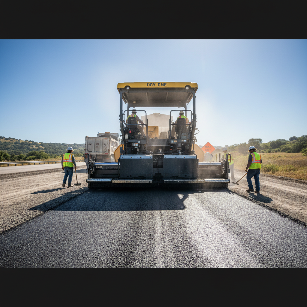Asphalt paving machine laying hot mix on road surface