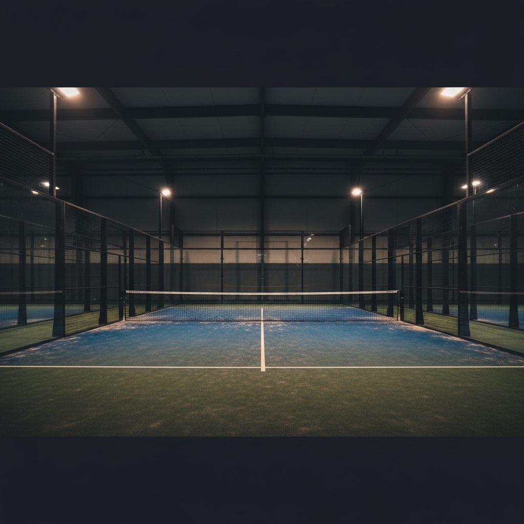Empty padel court on a quiet Tuesday night, no players, dim lighting