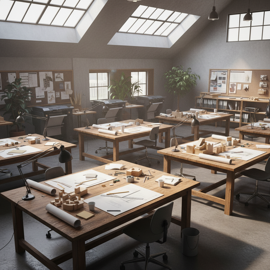 Atelier's communal drafting area during a quiet afternoon, plotters visible in the background, natural light from north-facing skylights casting soft shadows
