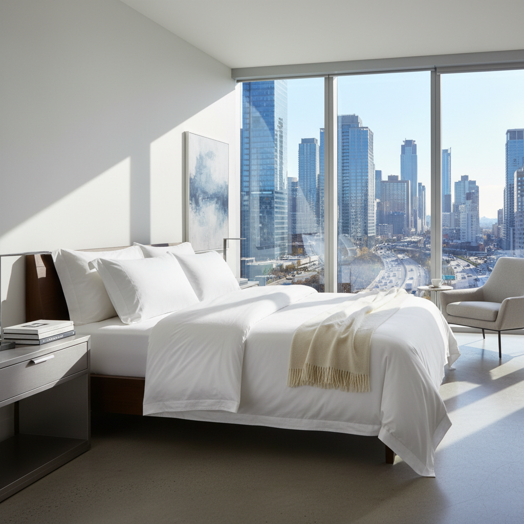 Executive bedroom with premium linens and city view