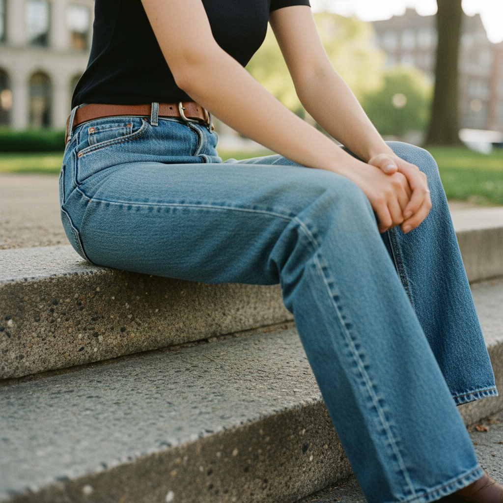 Person seated on concrete steps wearing high-waisted 1970s Levi's 501 jeans