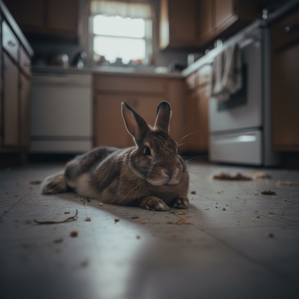 A brown rabbit photographed casually on a kitchen floor, blurry and poorly lit