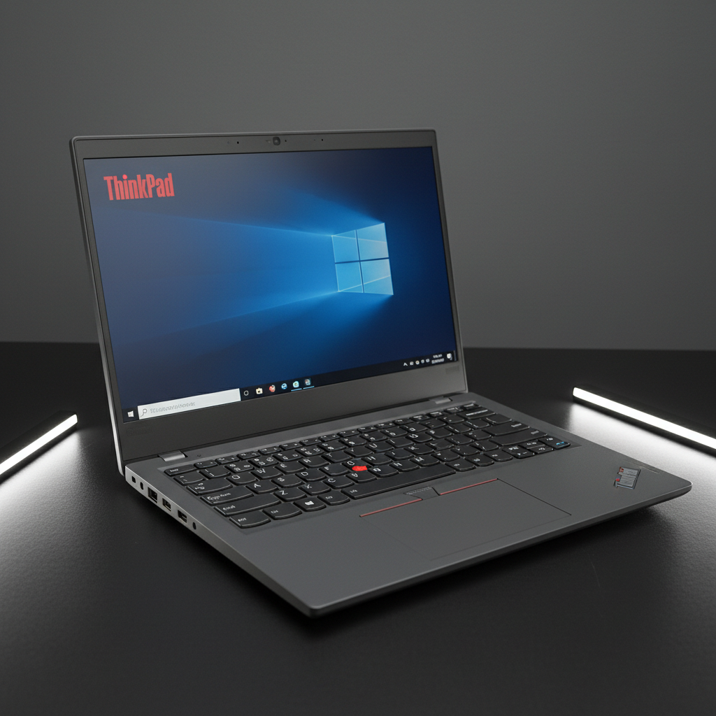 Lenovo ThinkPad E14 black business laptop open on desk, reliable work laptop