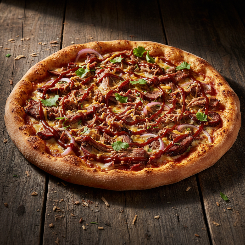 Large BBQ pizza loaded with double meat toppings, smoky dark atmosphere, dramatic side lighting