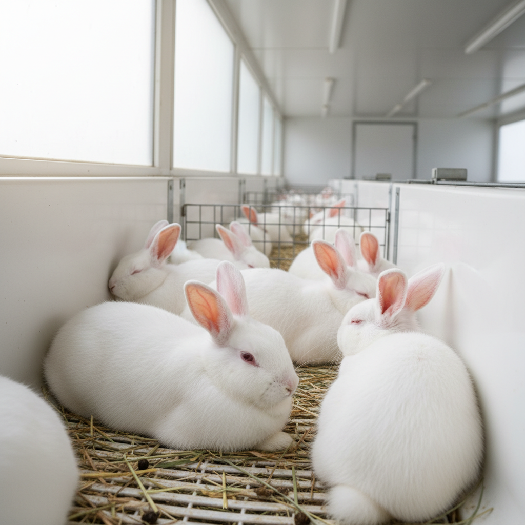Healthy white rabbits in clean biosecure farm hutch in Rwanda, well-fed and cared for
