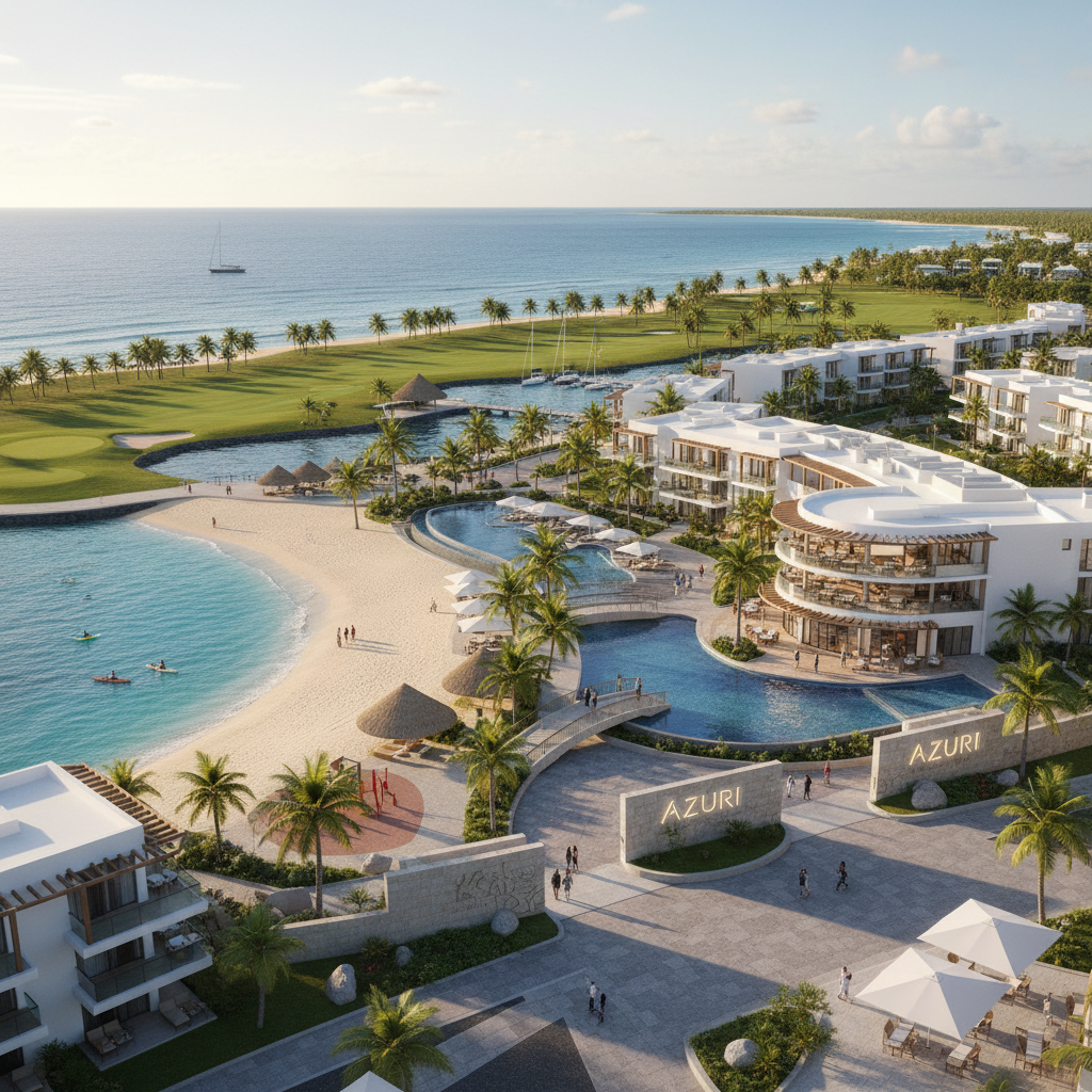 Aerial view of luxury coastal resort with infinity pool overlooking turquoise sea