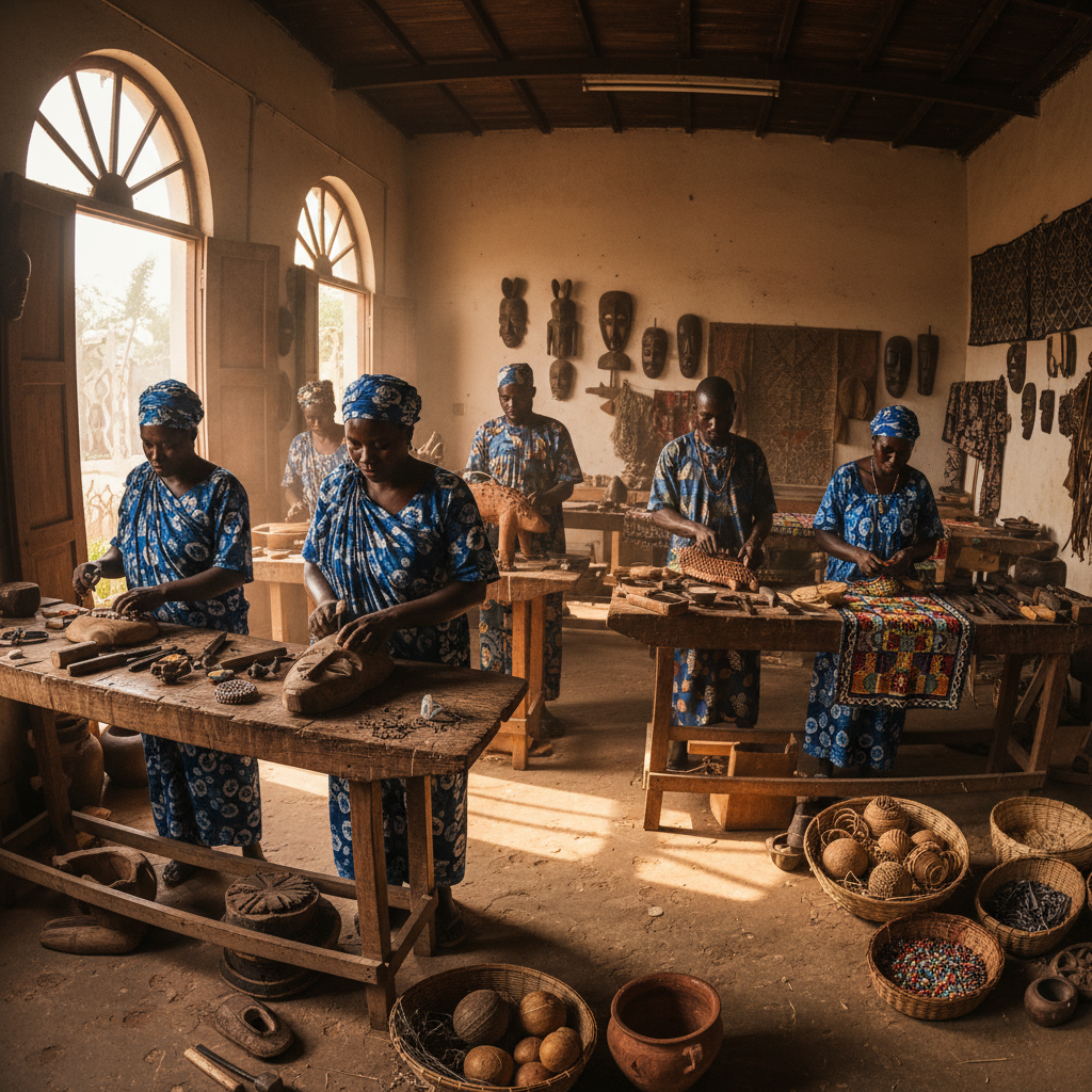Artisan africain sculptant un masque en bois dans un atelier éclairé de lumière chaude naturelle