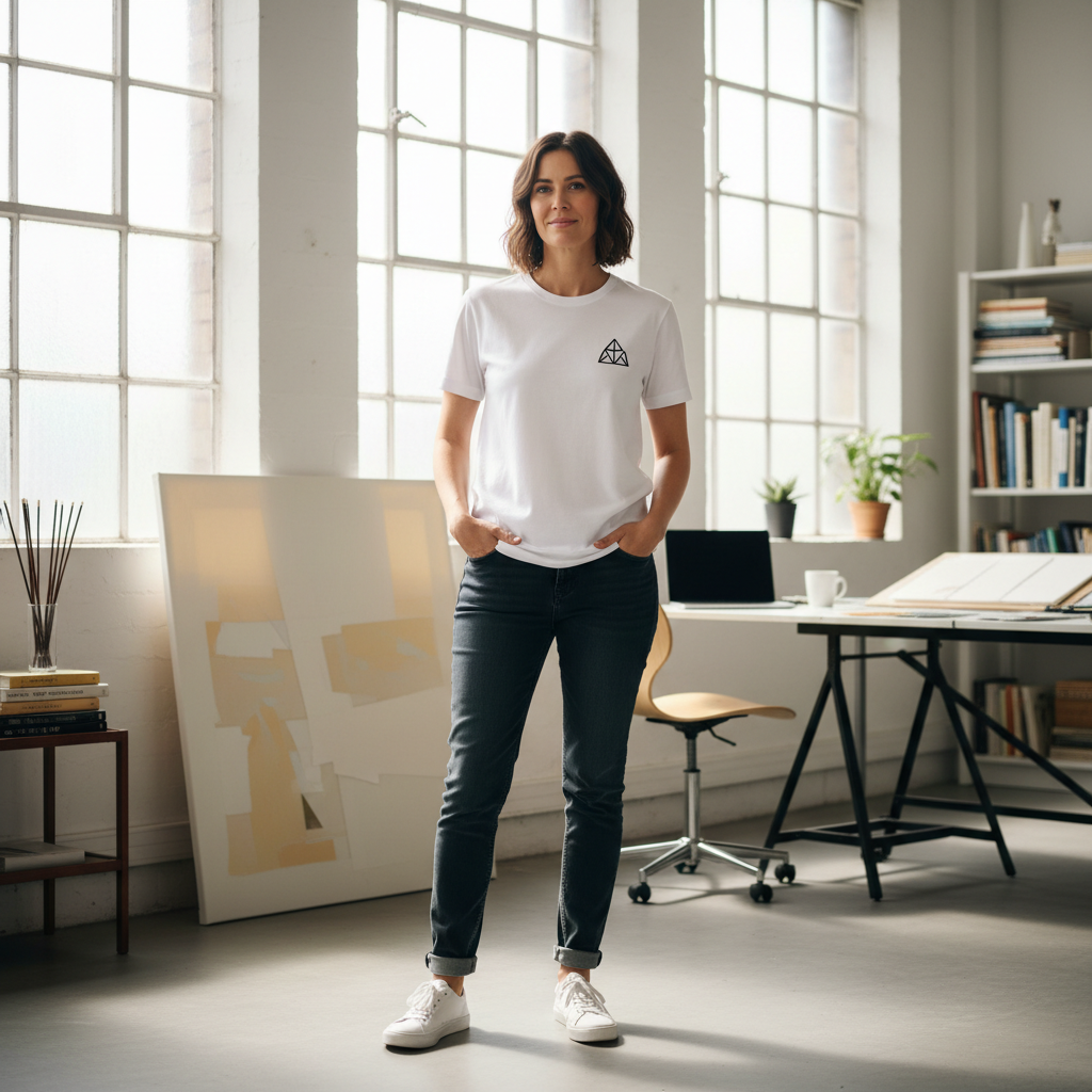 Branded polo shirts and workwear neatly folded, professional studio setting, clean dark backdrop