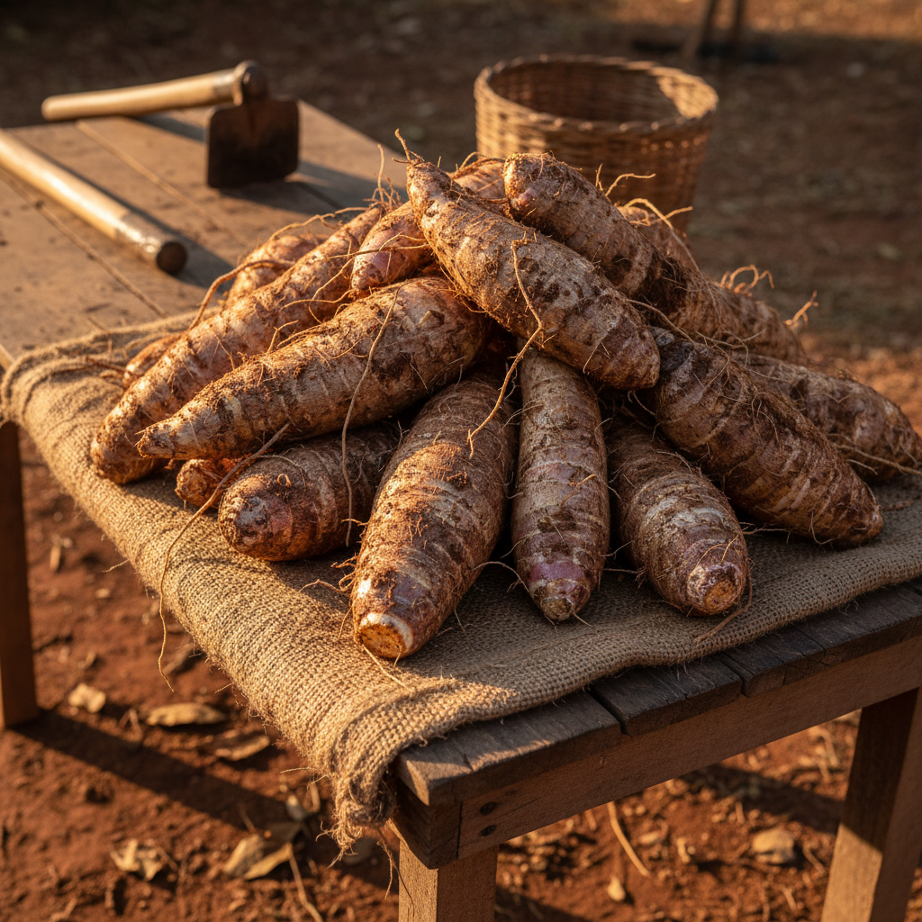 Root vegetables and ground provisions including yam, sweet potato, cassava on rustic dark background