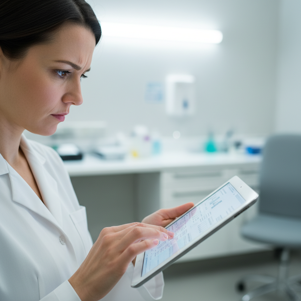 Physician reviewing patient notes on tablet, focused expression under exam room lights