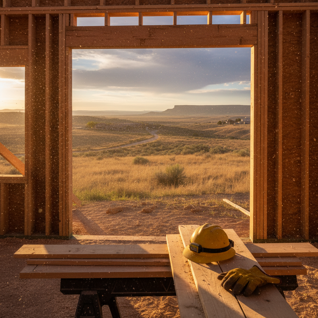View from doorway of newly framed house looking outward across open reservation land, golden hour light catching sawdust in the air with hard hat on lumber stack in foreground