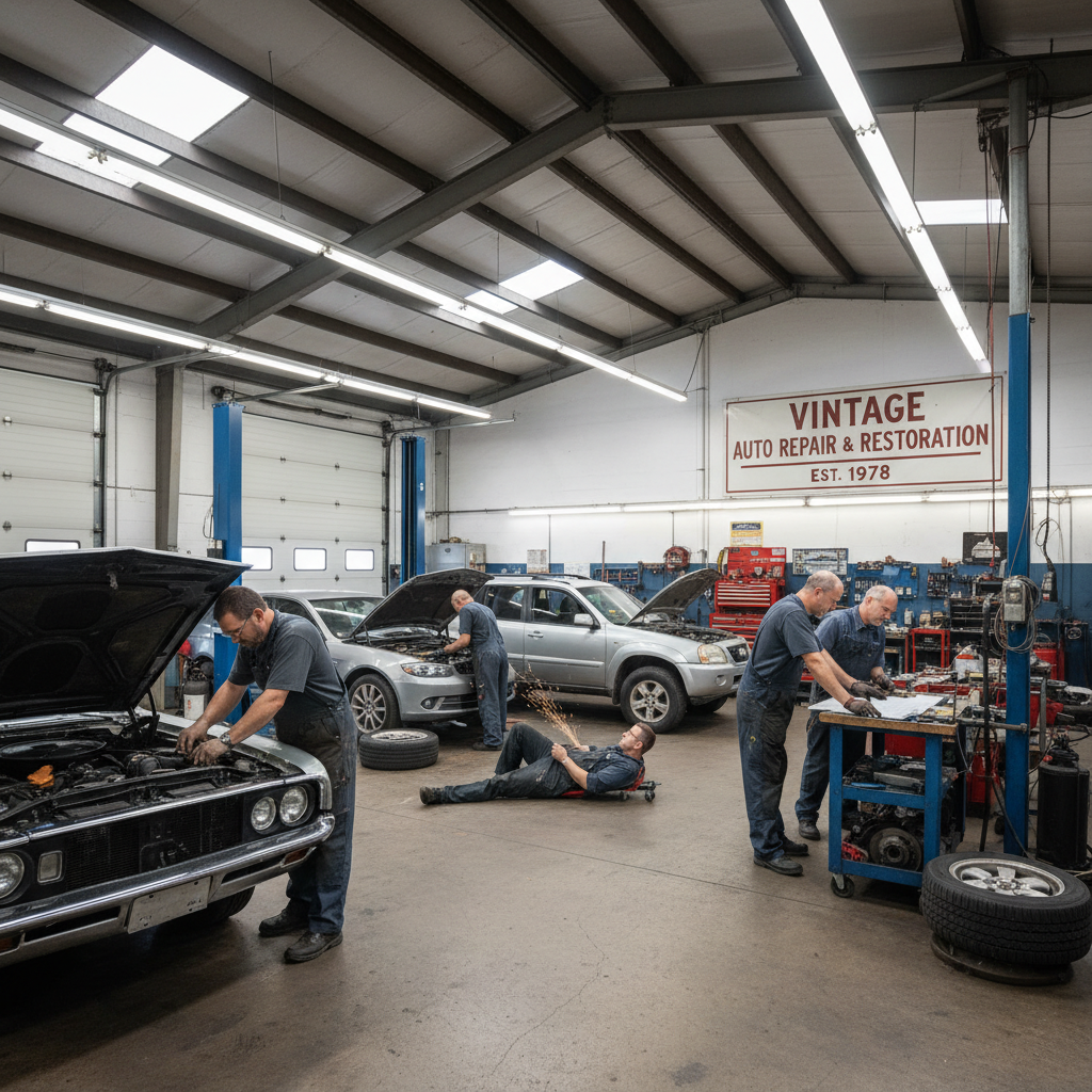 Taller automotriz con mecánicos trabajando en vehículos