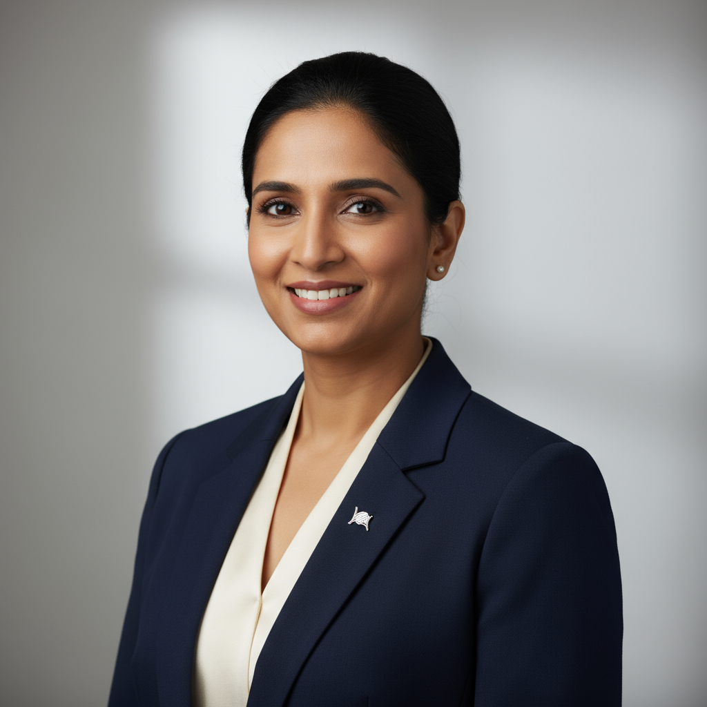 Professional portrait of Indian woman in business attire with warm smile