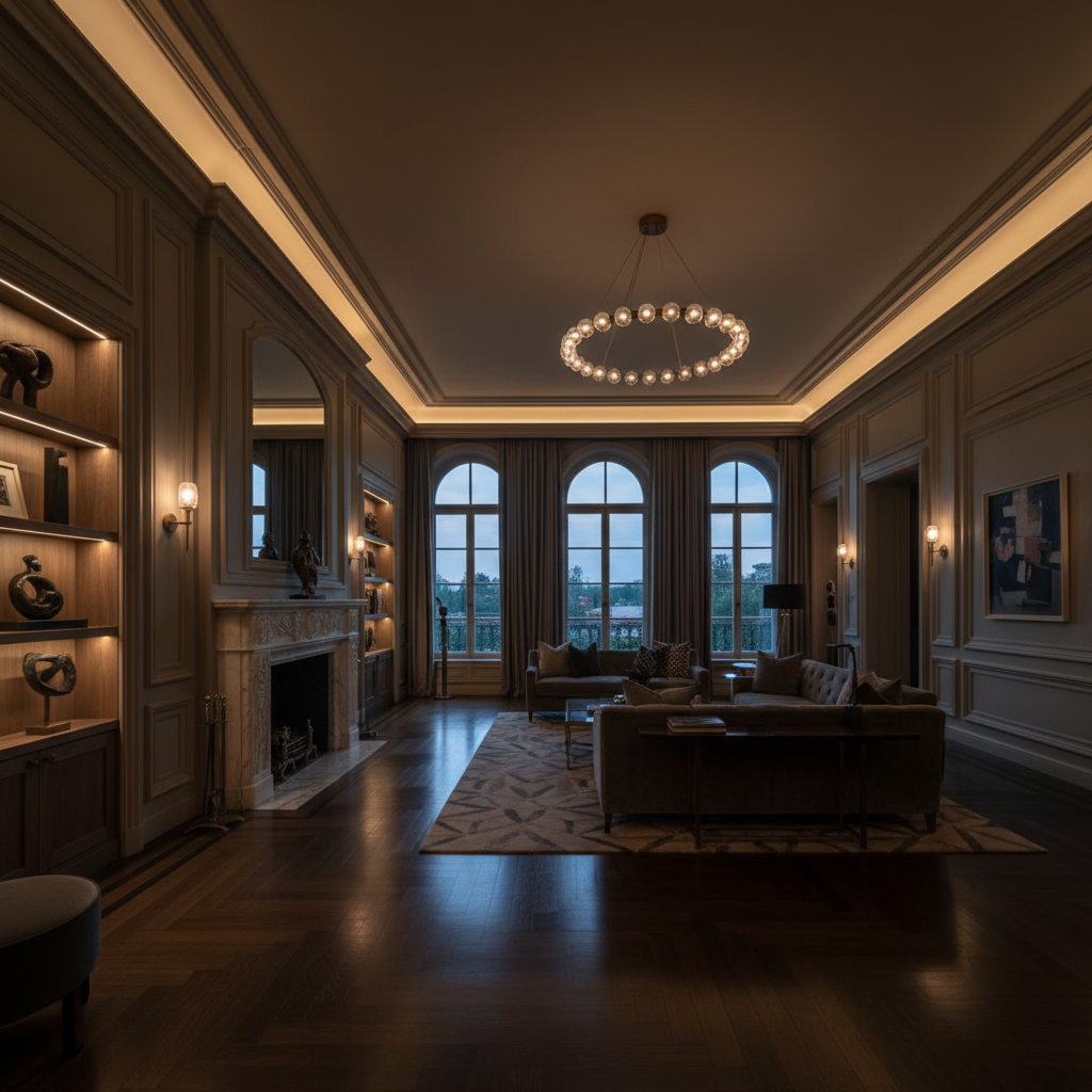 Luxury interior with dark wood tones, dim warm lighting, shadowed ceiling details