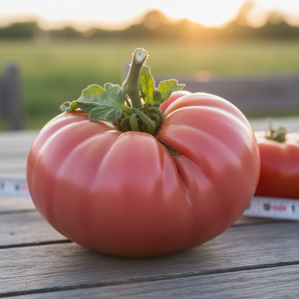 Large pink-red Mortgage Lifter heirloom tomatoes on the vine