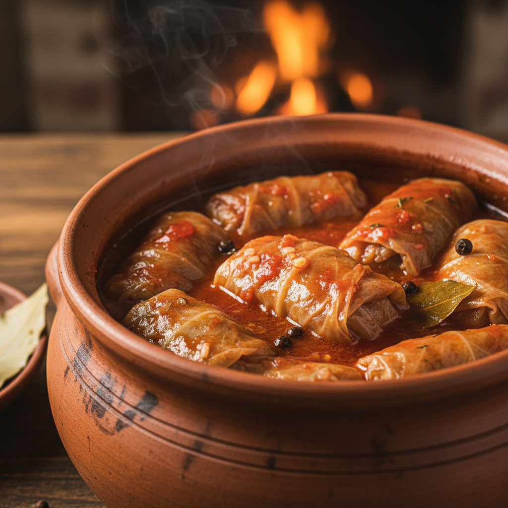 Romanian clay pot with sarmale cabbage rolls simmering in rich tomato broth