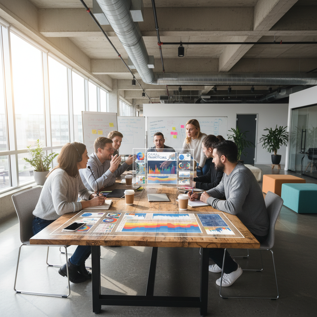 Team collaborating around a table with digital displays showing data