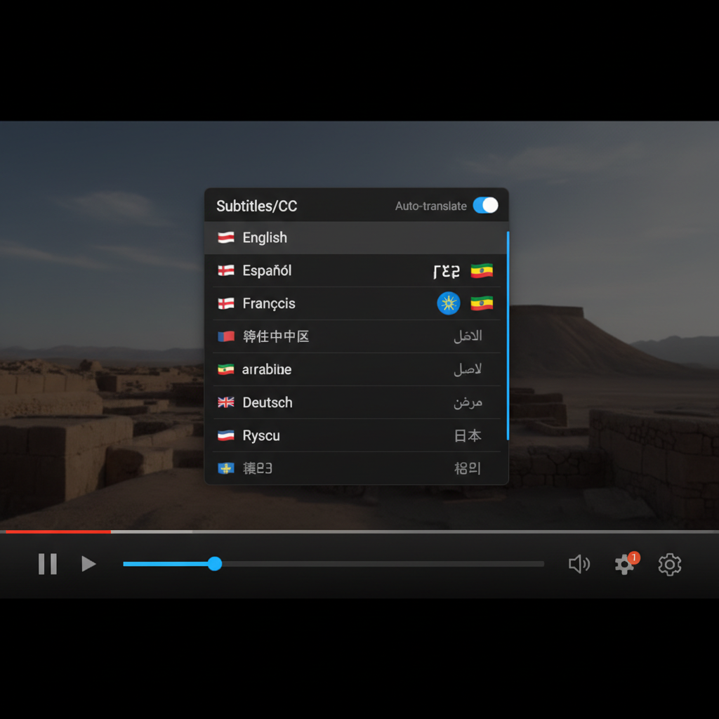 Video player interface showing multilingual subtitle options, dark UI, Geez script text visible