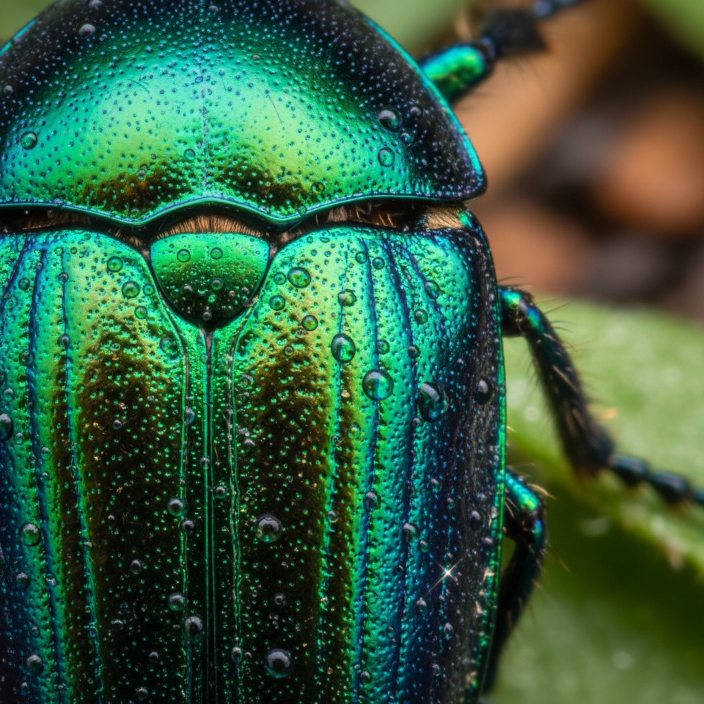 Extreme macro of a jewel beetle elytra showing iridescent green and blue structural colour, scales visible at cellular level