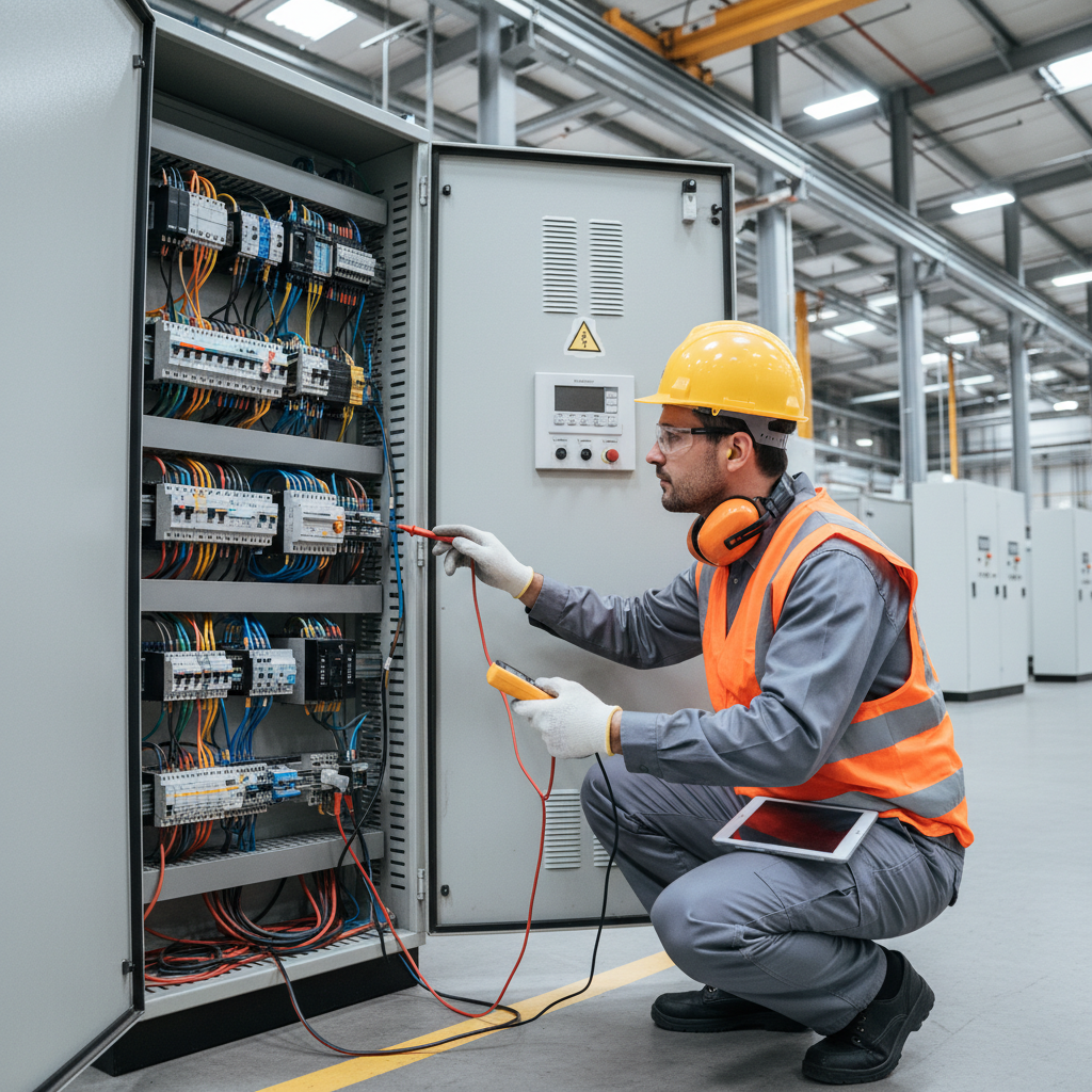 Técnico realizando pruebas eléctricas de aislamiento en tablero instalado