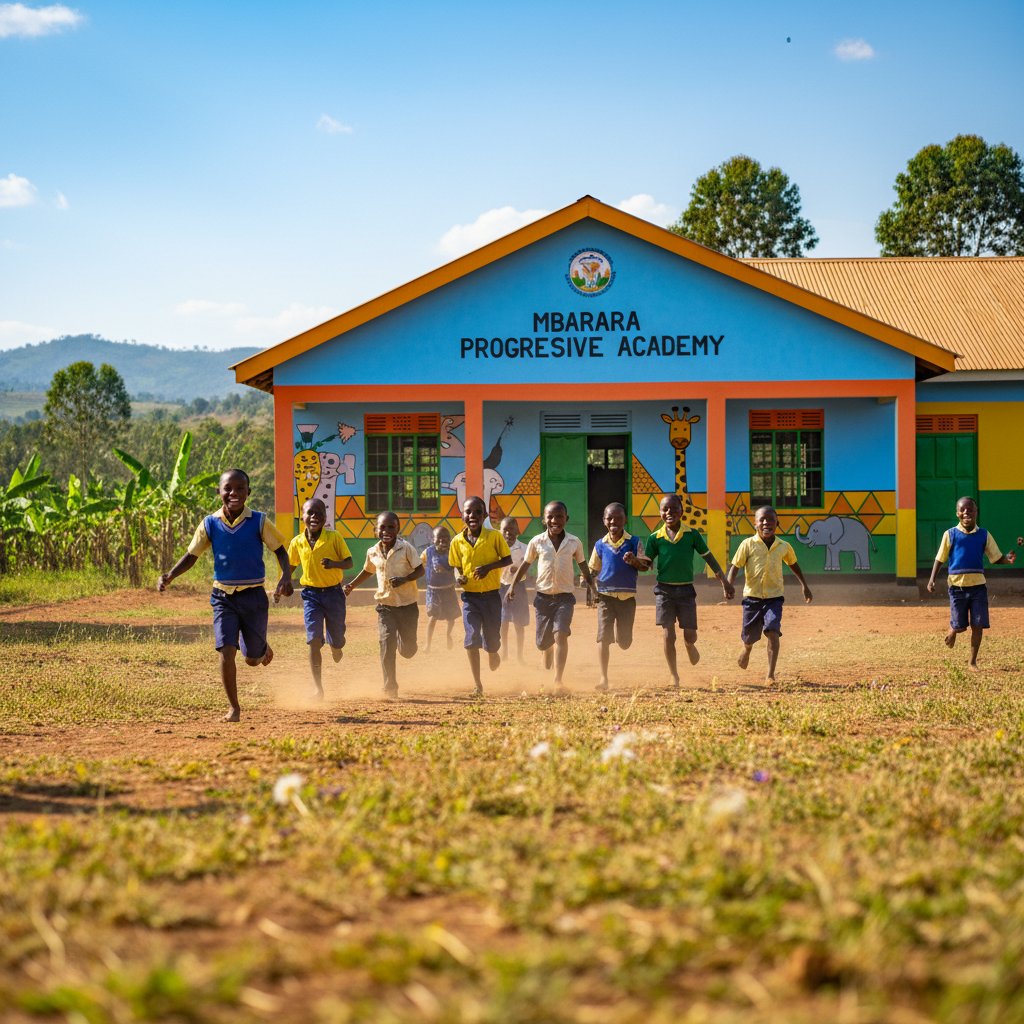 Children running toward the newly painted school in Uganda, laughing