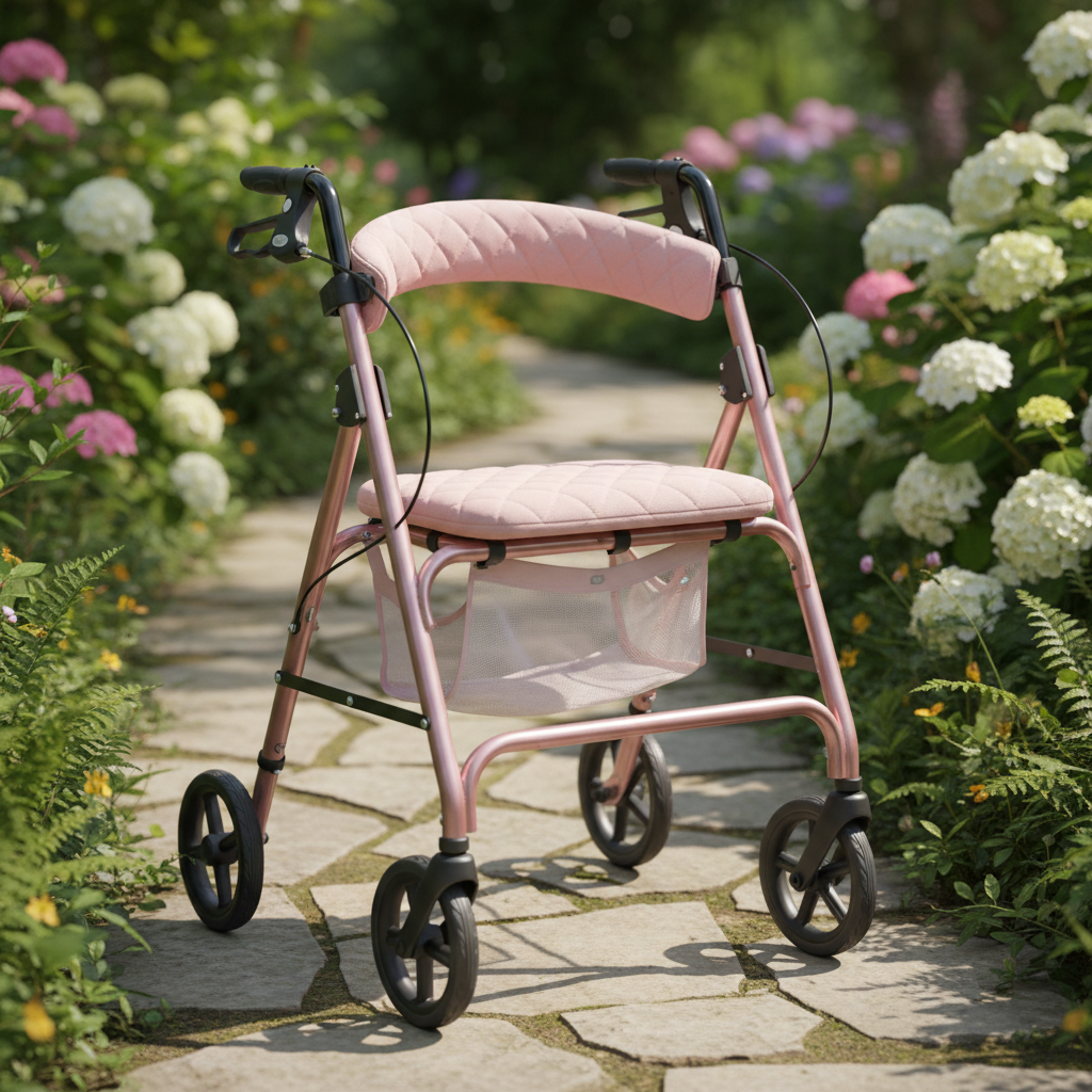 Pale pink rollator walker with padded seat outdoors in garden
