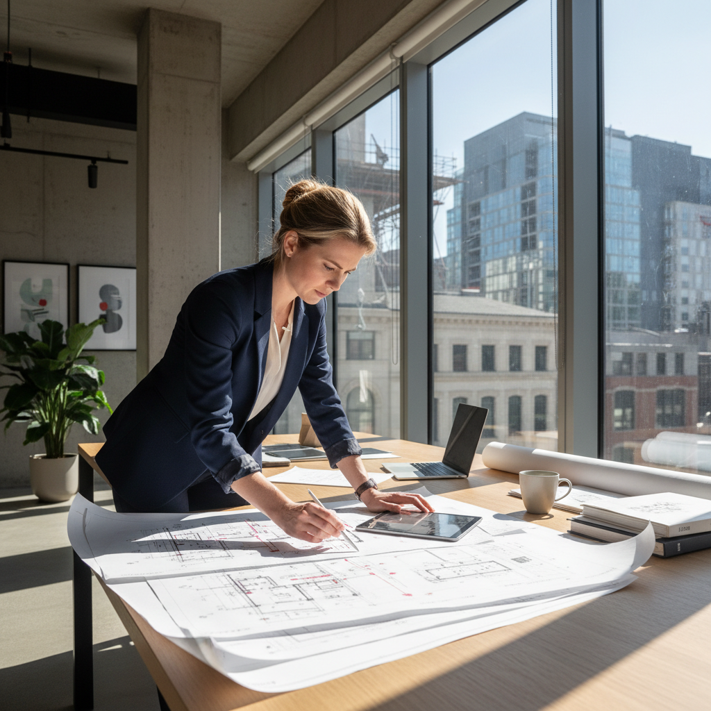 Claudia Ferreira, Municipal Liaison, reviewing restoration plans in a city planning office in Portland
