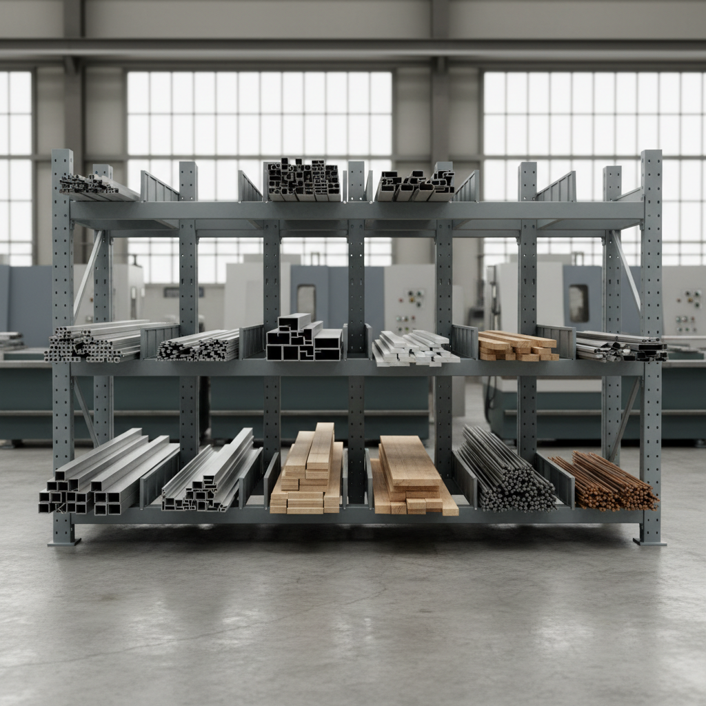 Cantilever metal storage rack system for long materials, industrial warehouse with steel beams and organized storage arms, dim warehouse lighting