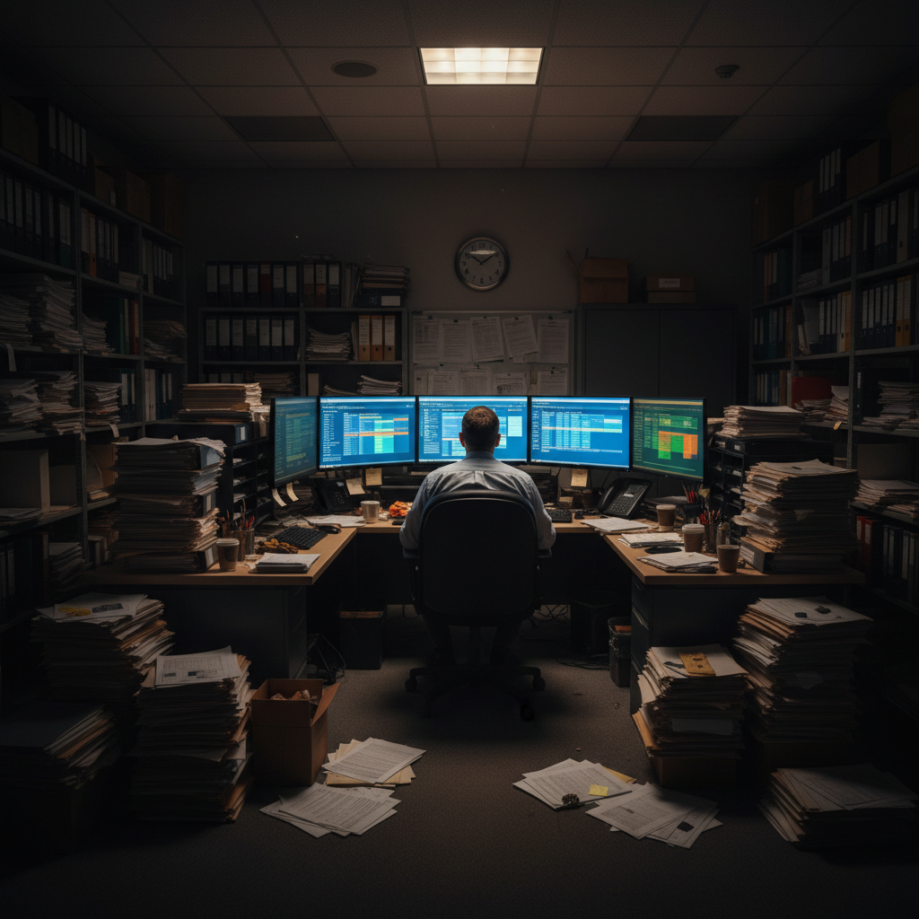 Official documents and customs paperwork on desk, dim office lighting, dark background, low-key atmosphere