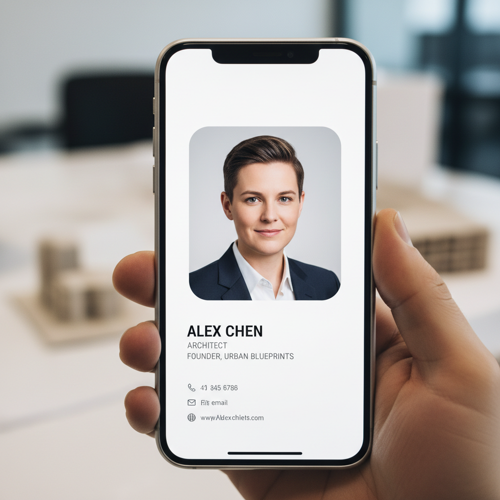 Architect portrait shown on digital business card phone screen