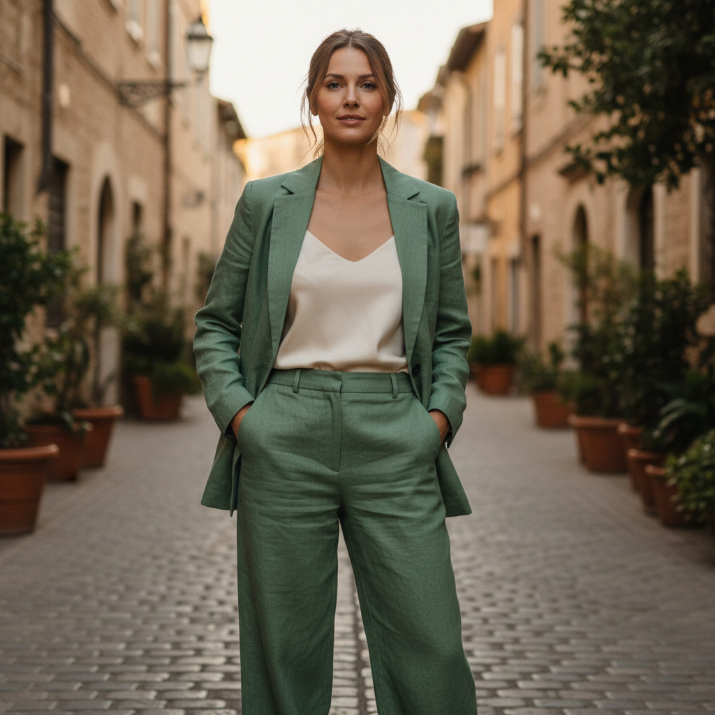 Woman in casual linen coordinate set in earthy tones, outdoor daylight