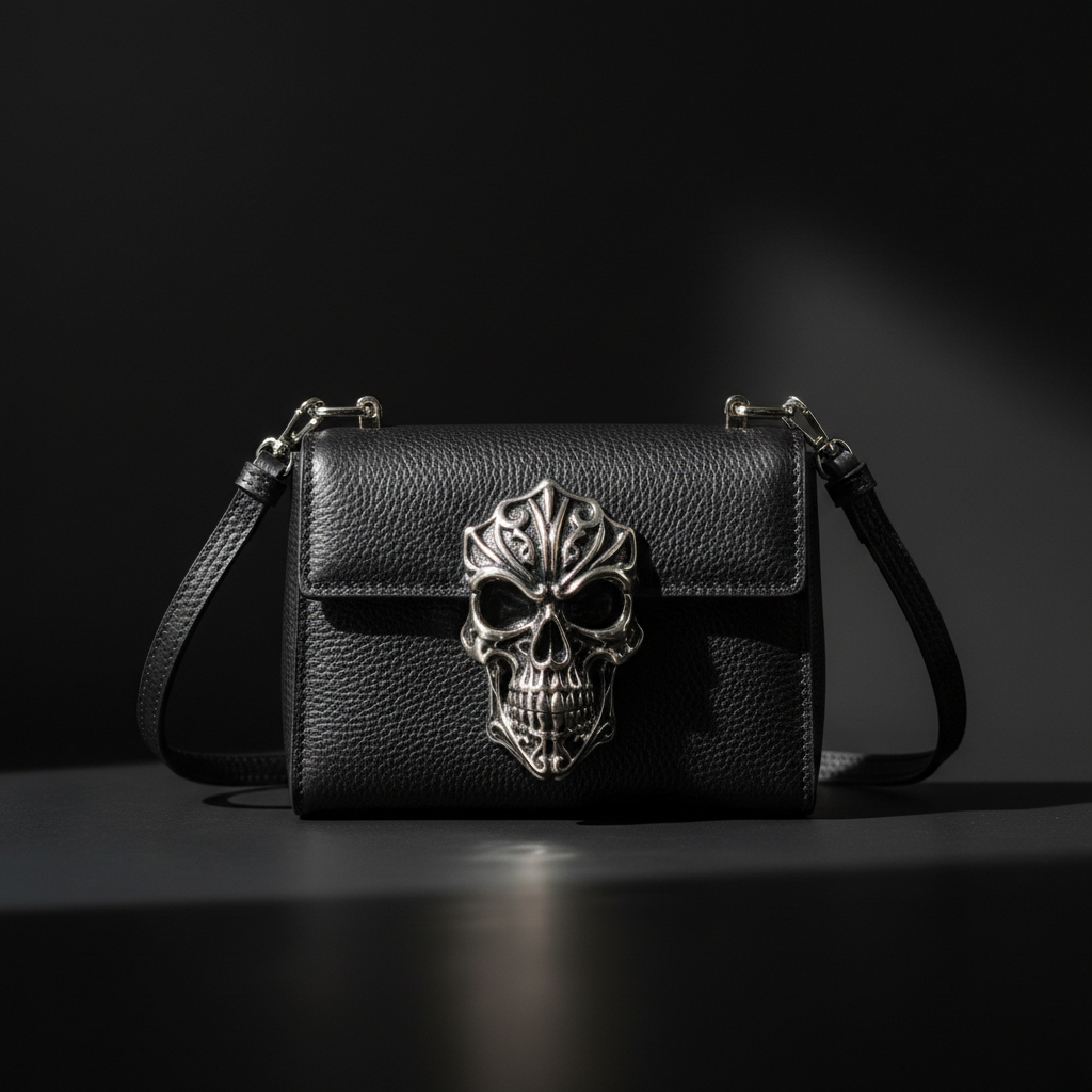 Relic Mini Bag — small gothic leather crossbody with hand-oxidized silver clasp detail