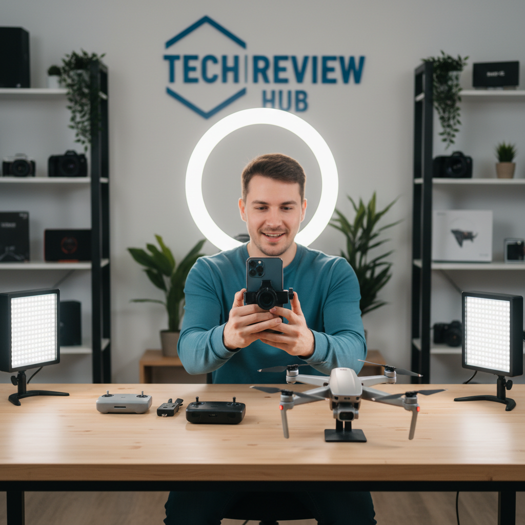 Creator at desk recording product review video with phone camera and bright lighting