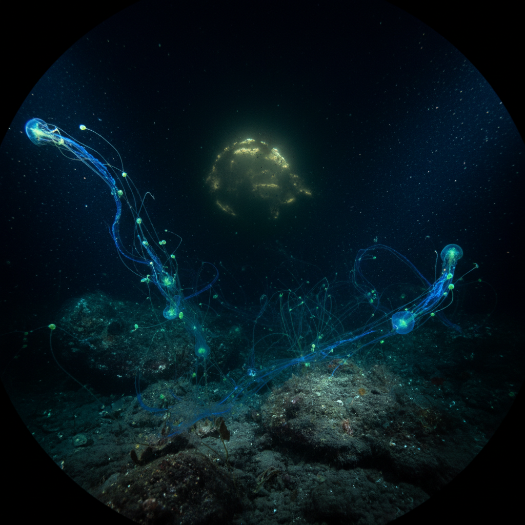 Deep ocean atmospheric landscape suggesting the underwater realm of Thalassia — dark bioluminescent depths, glowing coral formations