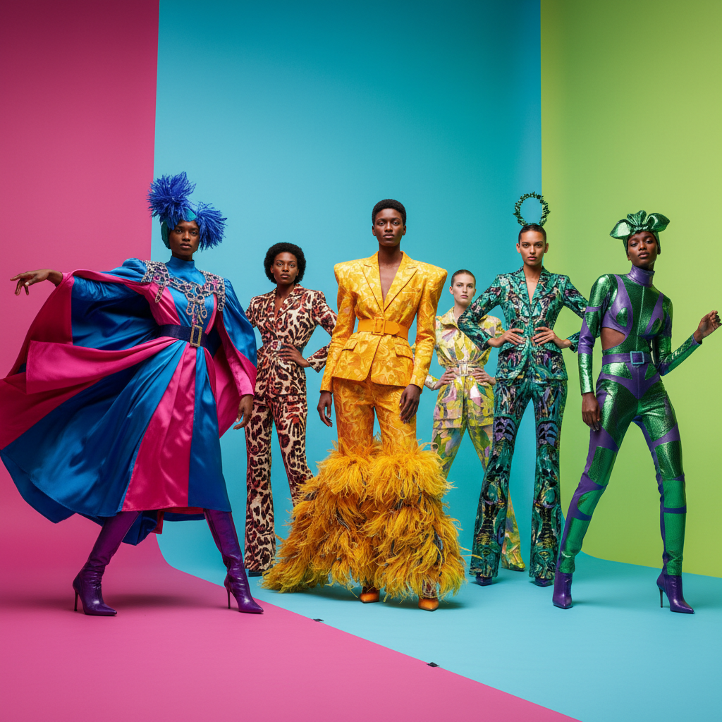 Bold fashion editorial with vibrant colors and expressive styling